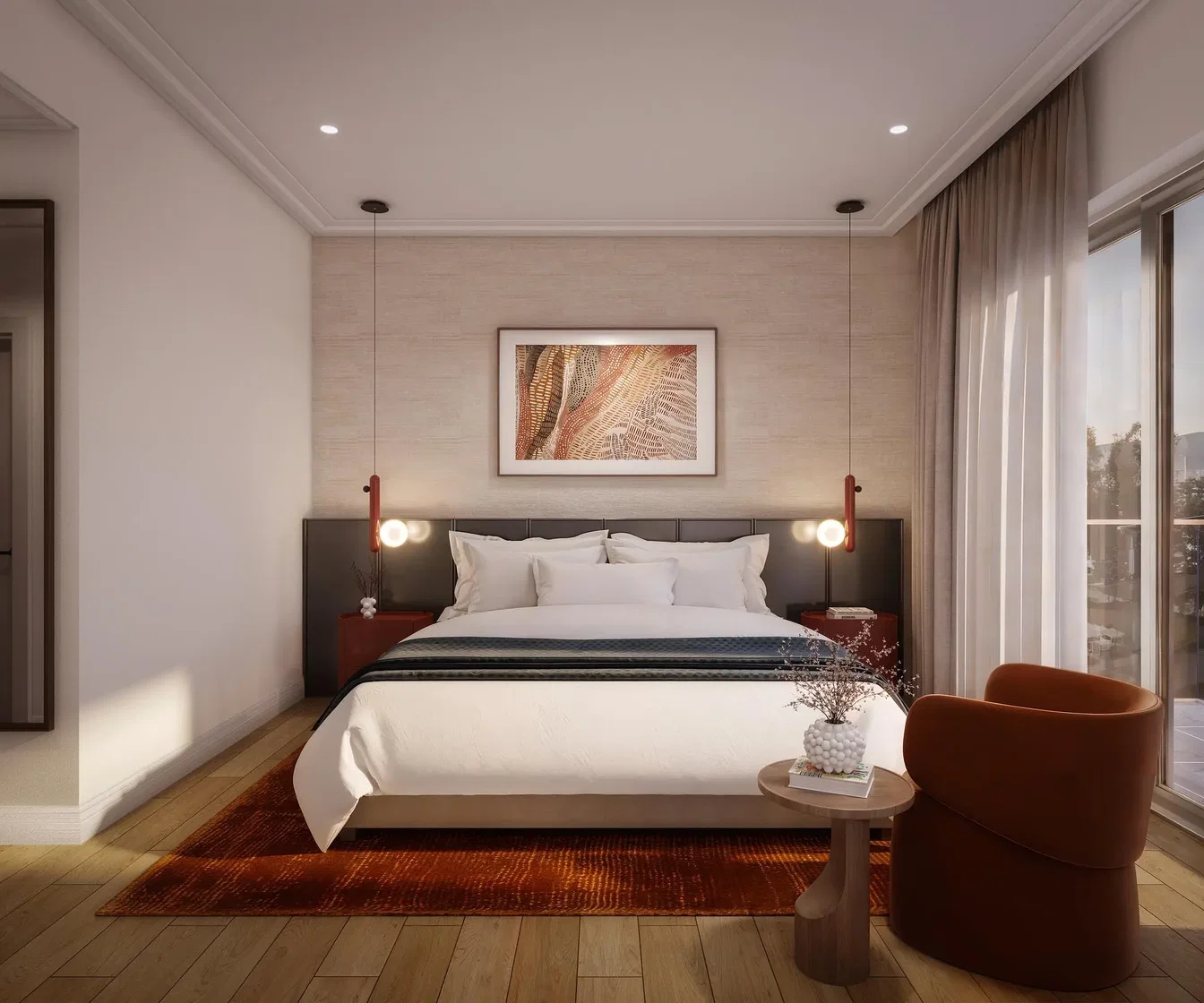 Bedroom; wood floor, natural light, modern style