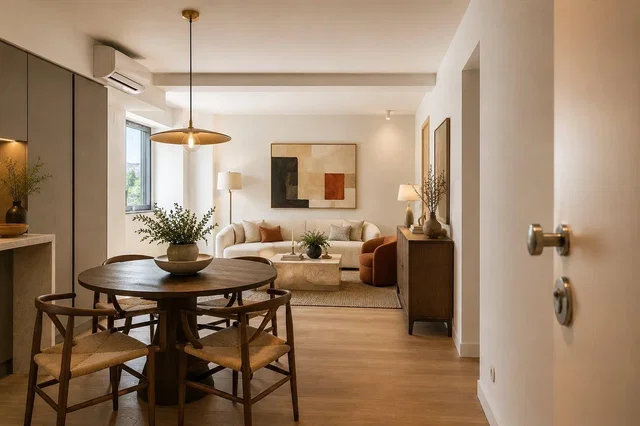Living room; wood floor, natural light, modern style