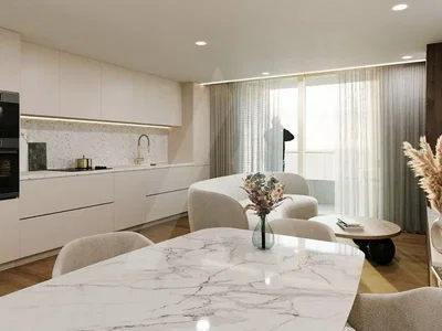 Wohnzimmer; küchengeräte, tageslicht, moderner stil, holzboden