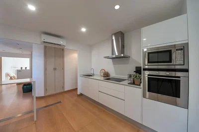 Cuisine; électroménager, parquet, lumière naturelle, style moderne