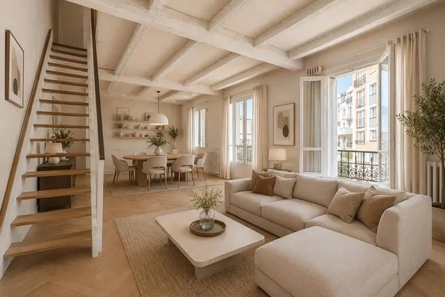 Living room; natural light, wood beams, modern style