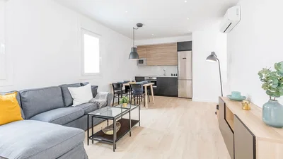 Woonkamer; natuurlijk licht, moderne stijl, keukenapparatuur