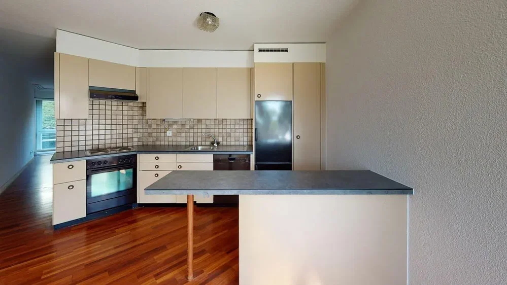 Cucina; pavimento in legno, pavimento in piastrelle, elettrodomestici, luce naturale