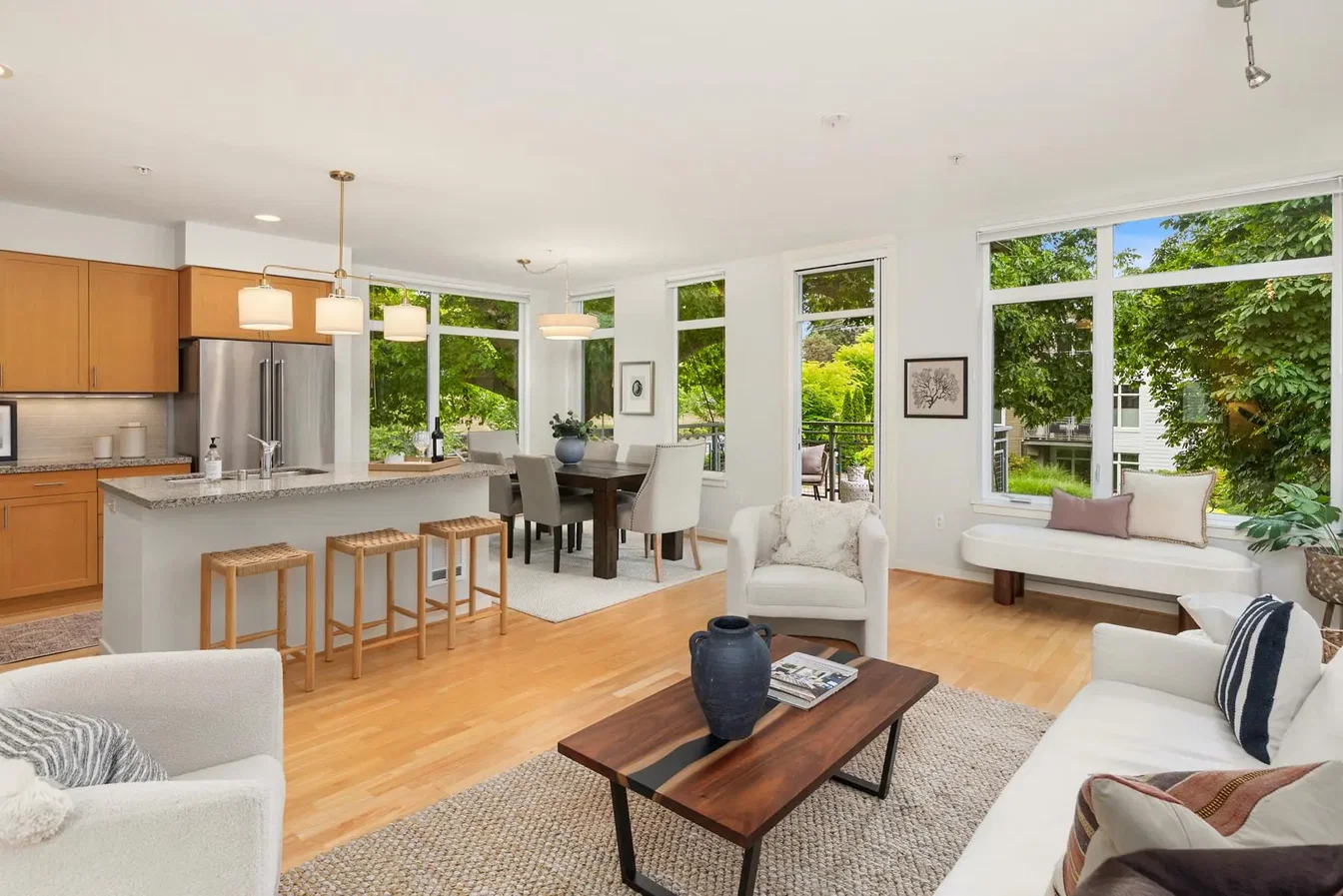 Living room; view, kitchen appliances, natural light, modern style, wood floor