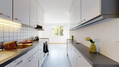 Küche; küchengeräte, fliesenboden, tageslicht, moderner stil