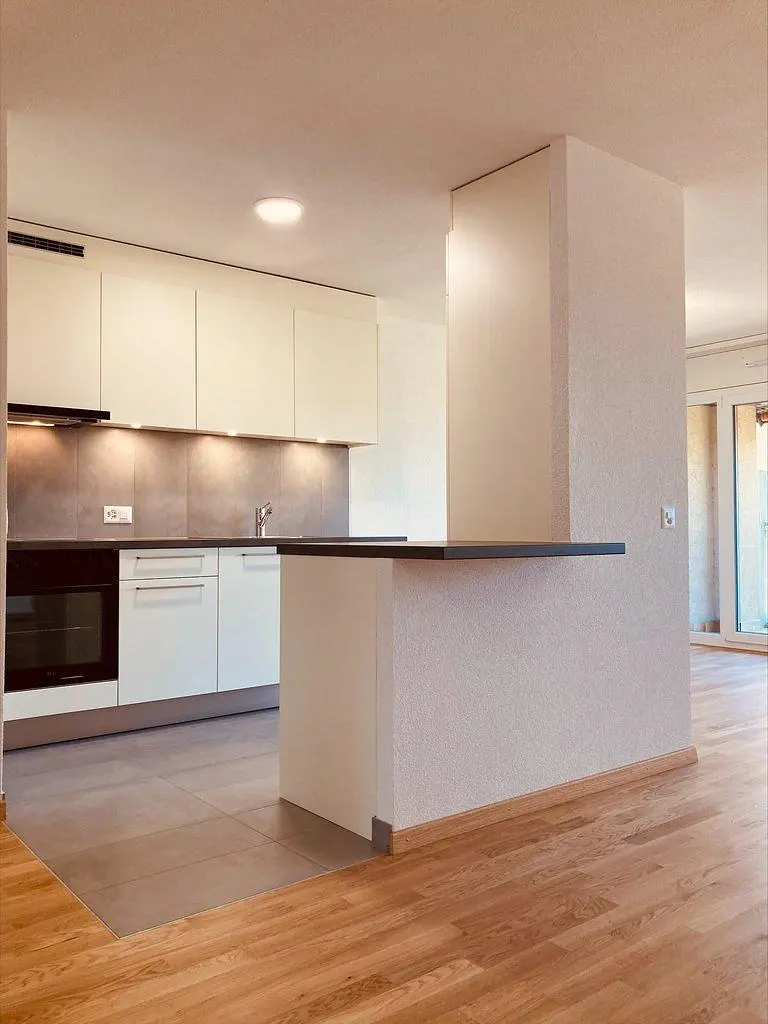 Cucina; elettrodomestici, pavimento in piastrelle, pavimento in legno, luce naturale, ristrutturato