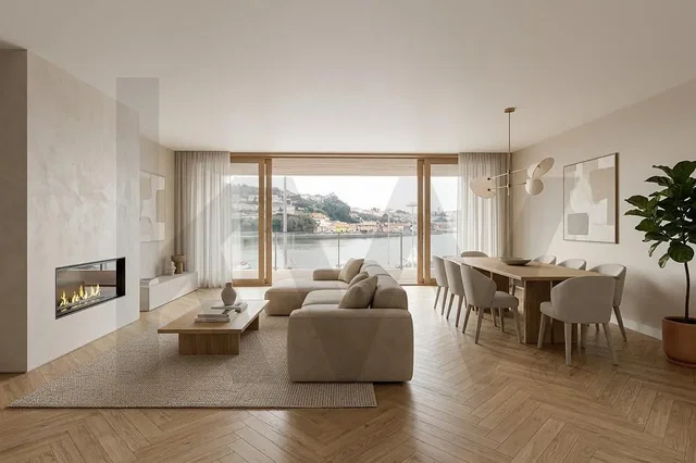 Salón; vista, suelo de madera, chimenea, luz natural, estilo moderno