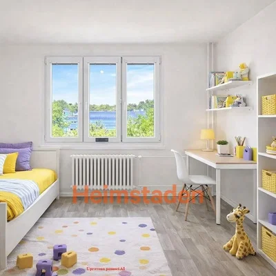 Quarto de criança; vista, chão de madeira, luz natural, estilo moderno