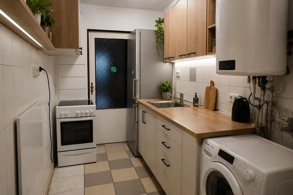 Kitchen; kitchen appliances, tile floor, wood floor, renovated, natural light
