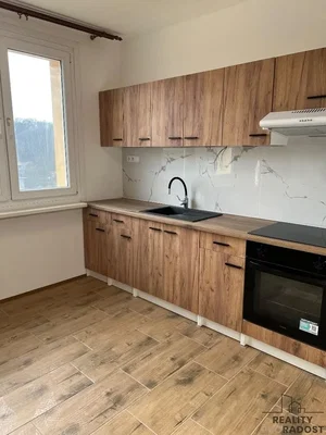 Kitchen; kitchen appliances, tile floor, natural light, renovated