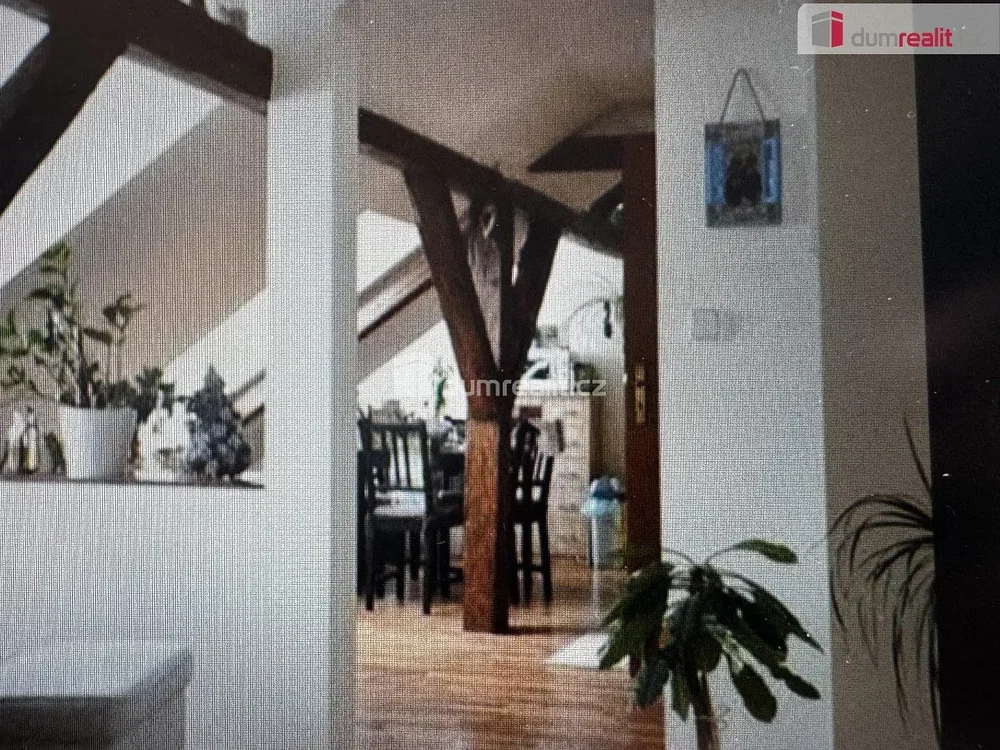 Living room; wood beams, wood floor, natural light