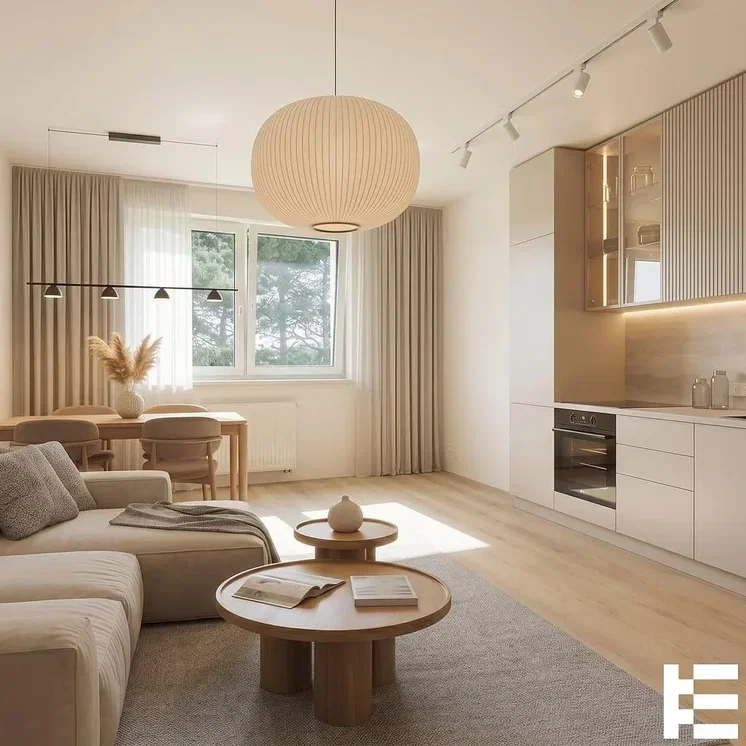 Living room; natural light, modern style, wood floor, kitchen appliances