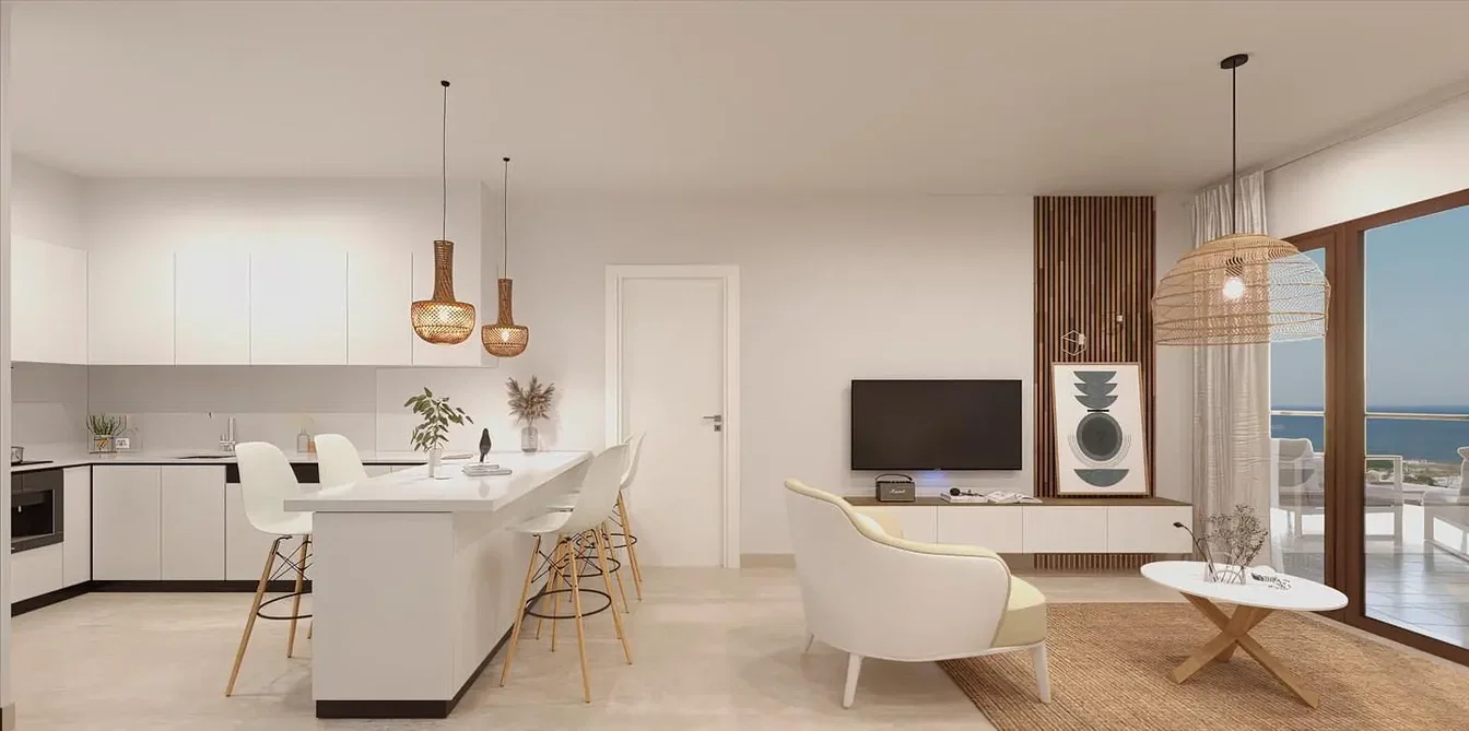 Obývací pokoj; výhled, kuchyňské spotřebiče, přirozené světlo, moderní styl