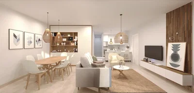 Woonkamer; moderne stijl, houten vloer, natuurlijk licht