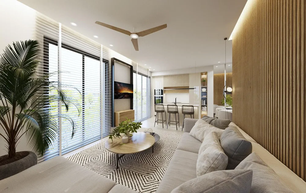Living room; natural light, modern style, wood floor