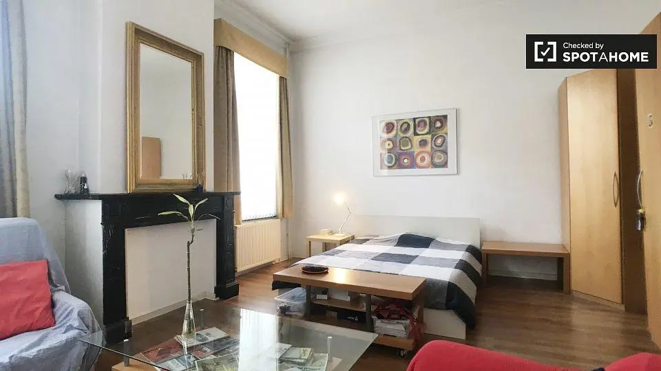 Camera da letto; camino, pavimento in legno, luce naturale
