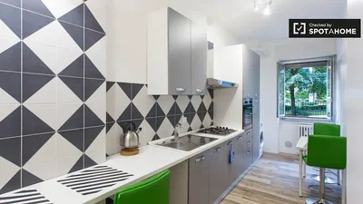 Küche; küchengeräte, fliesenboden, tageslicht, moderner stil