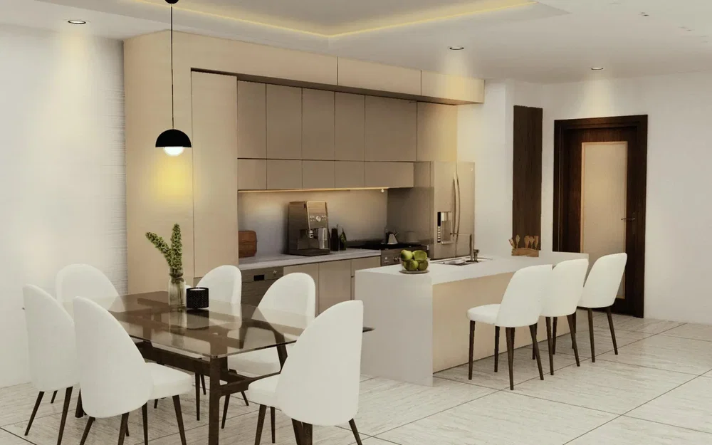 Kitchen; kitchen appliances, tile floor, natural light
