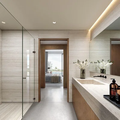 Salle de bain; lumière naturelle, rénové, carrelage, poutres en bois