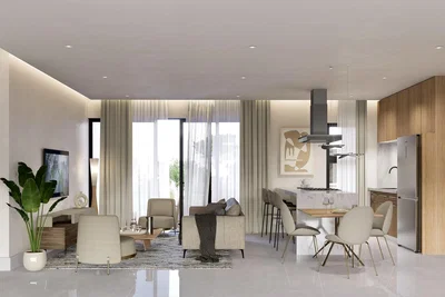 Living room; view, natural light, modern style, tile floor