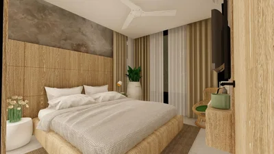 Dormitorio; estilo moderno, vigas de madera, luz natural