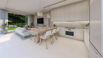 Salón; vista, electrodomésticos, suelo de madera, suelo de baldosas, luz natural, estilo moderno