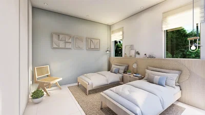 Dormitorio; luz natural, estilo moderno, suelo de baldosas