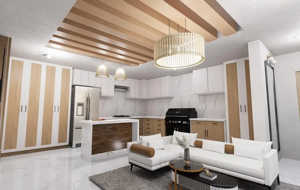 Obývací pokoj; kuchyňské spotřebiče, přirozené světlo, moderní styl