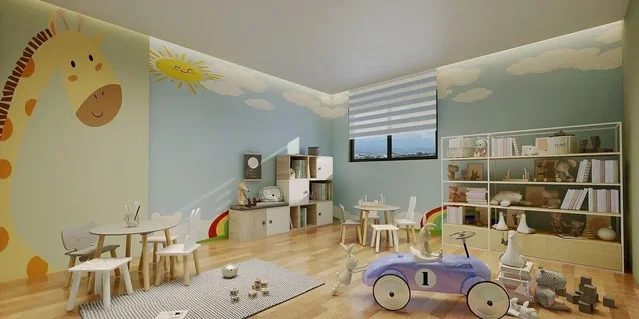Quarto de criança; chão de madeira, luz natural, estilo moderno