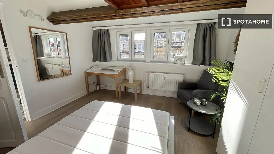 Camera da letto; travi in legno, luce naturale, stile moderno