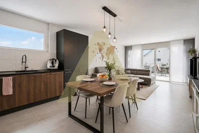 Wohnzimmer; küchengeräte, tageslicht, moderner stil, holzboden