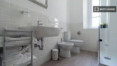 Salle de bain; carrelage, rénové, lumière naturelle