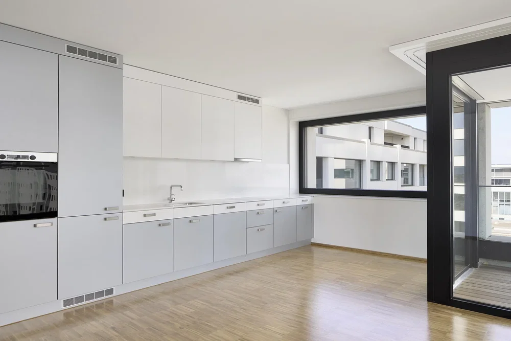 Cuisine; électroménager, parquet, lumière naturelle