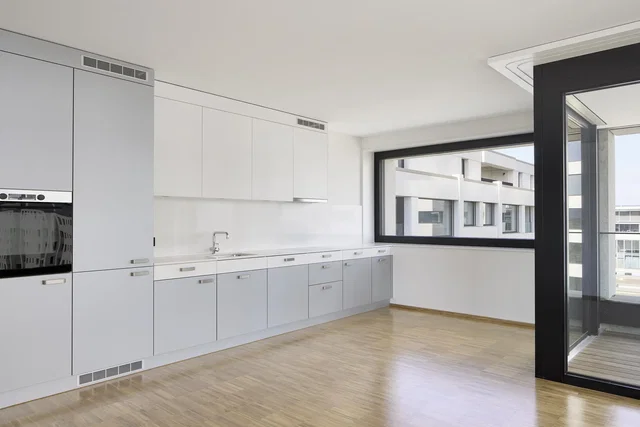 Cuisine; électroménager, parquet, lumière naturelle