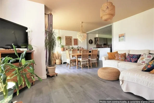 Living room; natural light, rustic style, wood floor, tile floor