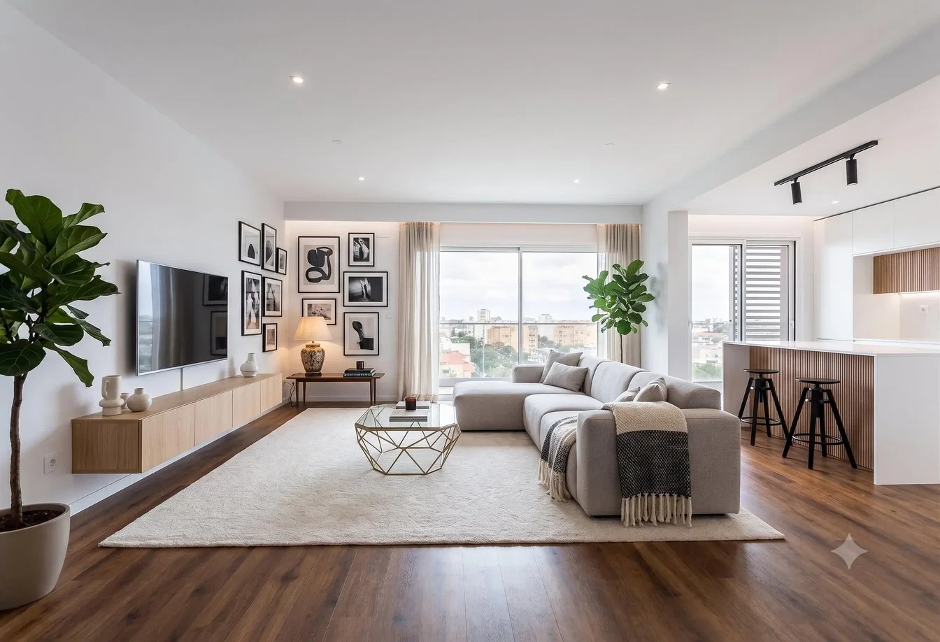 Sala de estar; chão de madeira, luz natural, estilo moderno