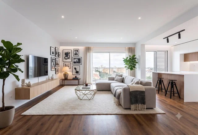 Woonkamer; houten vloer, natuurlijk licht, moderne stijl