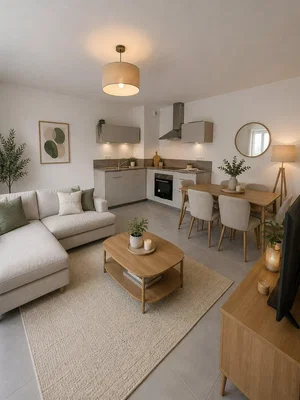 Living room; natural light, modern style, tile floor, kitchen appliances