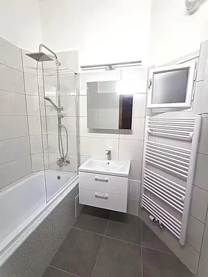 Bathroom; tile floor, renovated, natural light