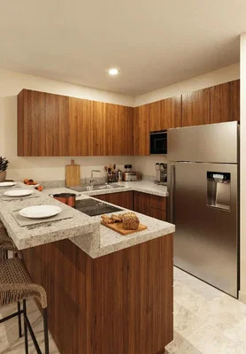Cuisine; électroménager, parquet, rénové, lumière naturelle
