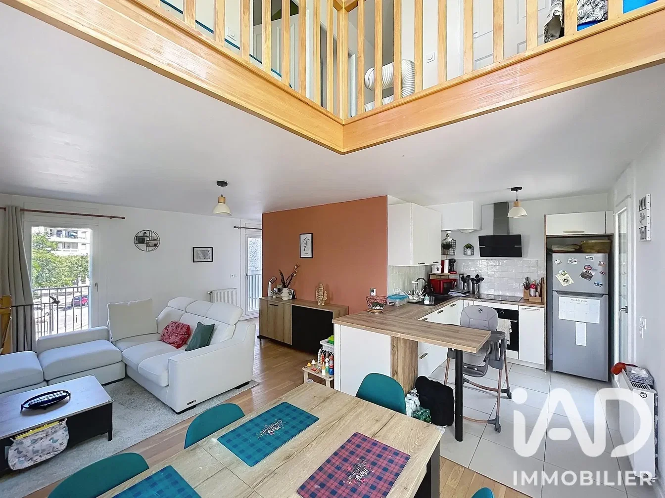 Living room; view, kitchen appliances, natural light, wood floor, modern style