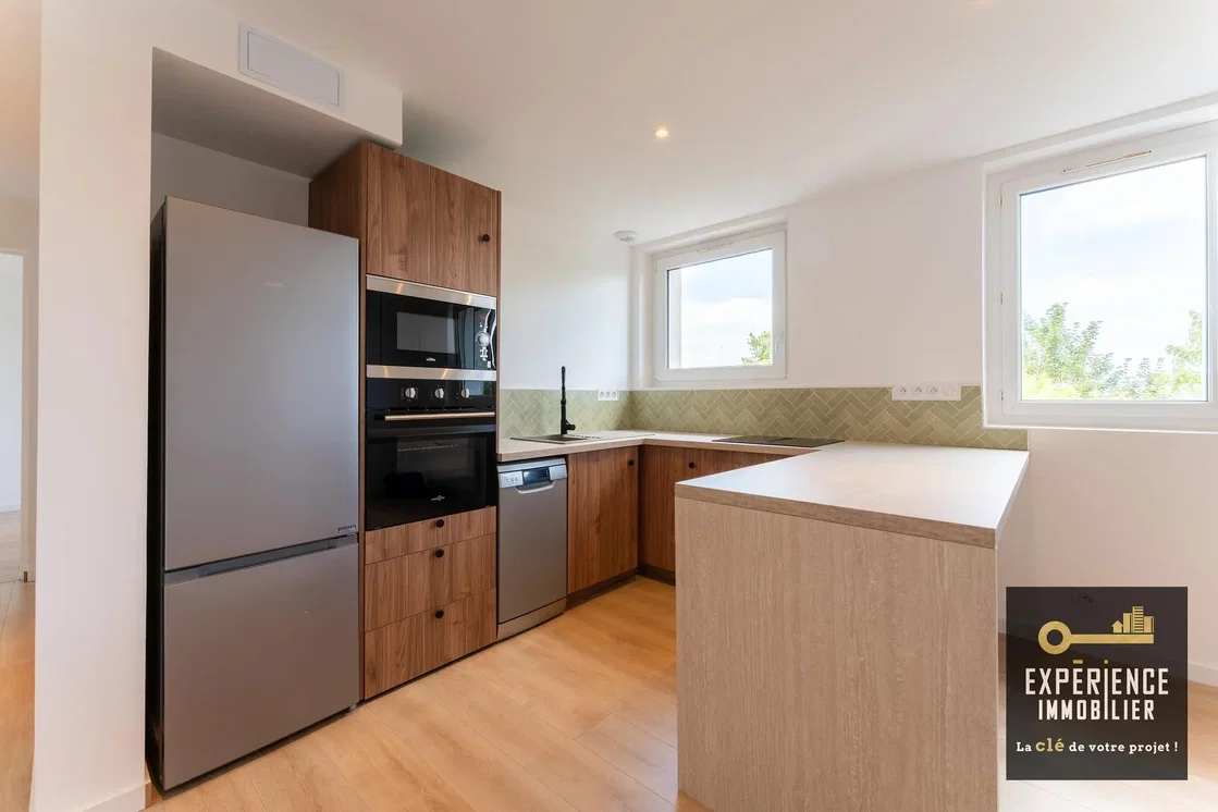 Kitchen; kitchen appliances, wood floor, natural light, modern style