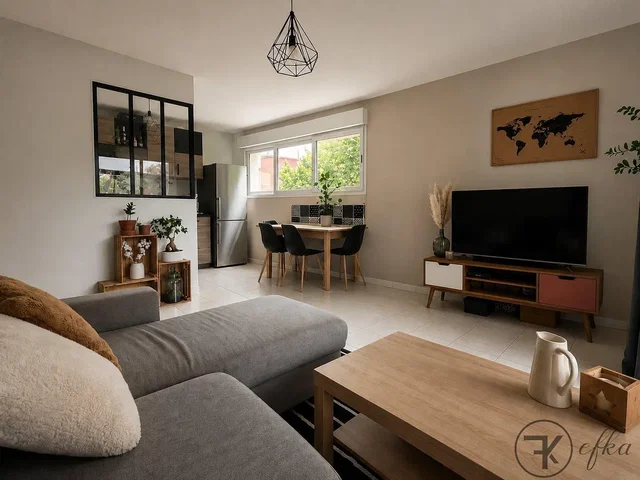 Salón; estilo moderno, suelo de madera, luz natural, renovado
