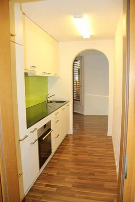 Cucina; pavimento in legno, elettrodomestici, luce naturale