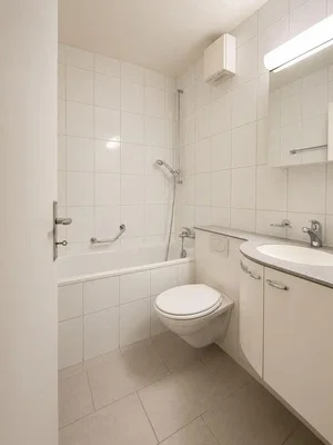 Baño; suelo de baldosas, renovado, luz natural