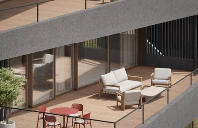 Terraza; suelo de madera, luz natural, estilo moderno