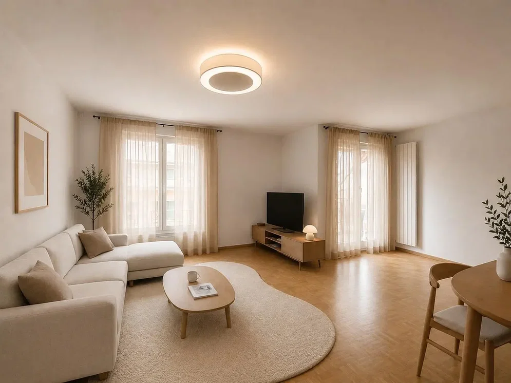 Salón; luz natural, suelo de madera, estilo moderno