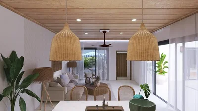 Salon; lumière naturelle, style rustique, poutres en bois