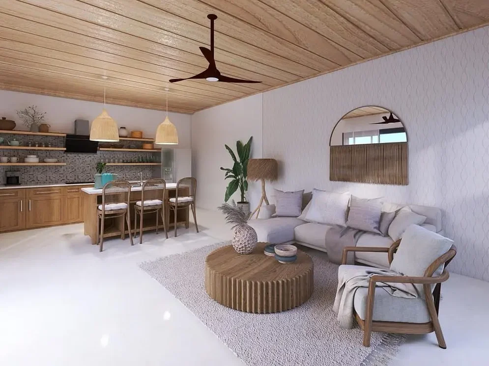 Salón; vigas de madera, suelo de madera, luz natural, estilo moderno