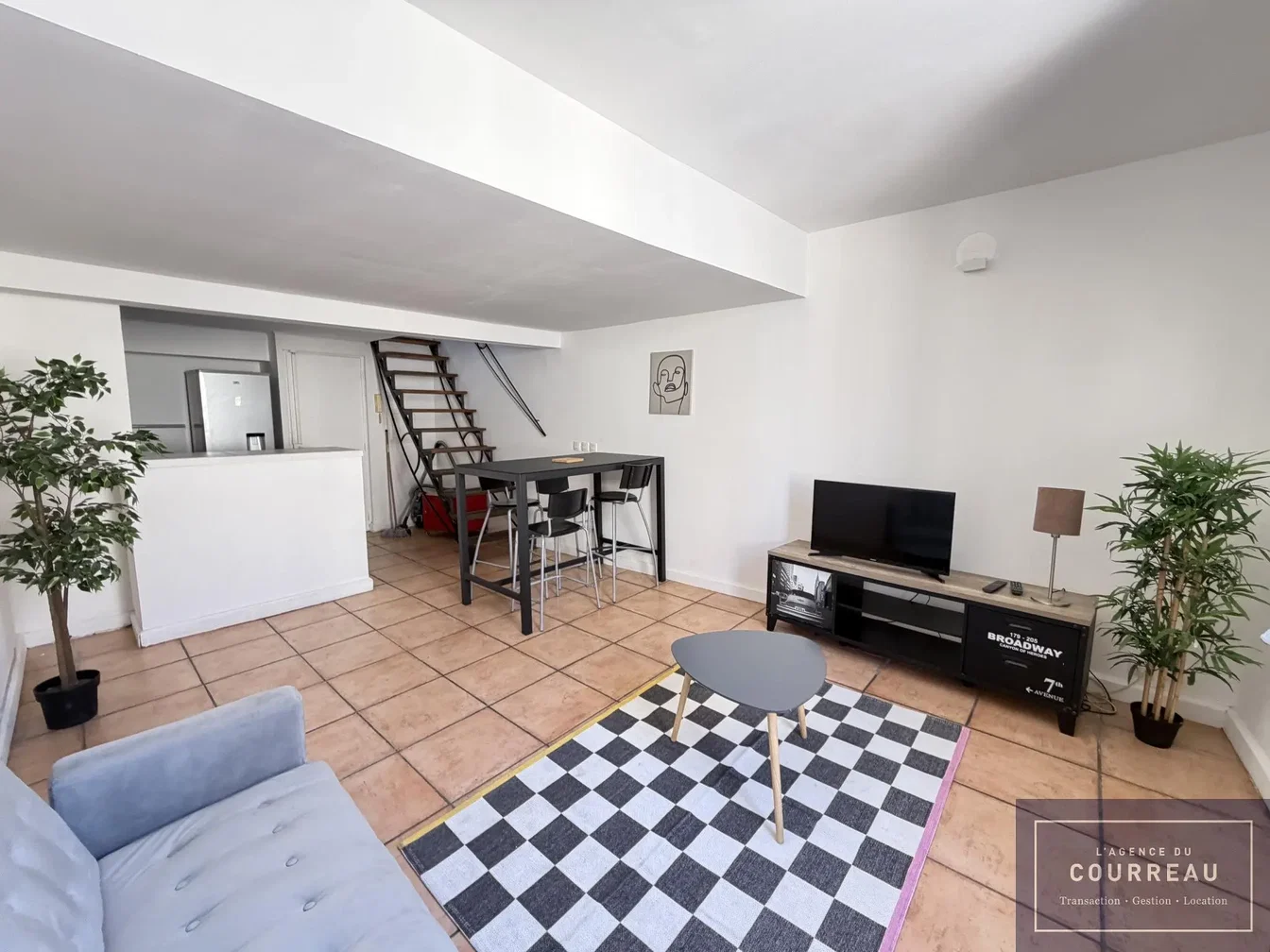 Living room; tile floor, natural light, modern style